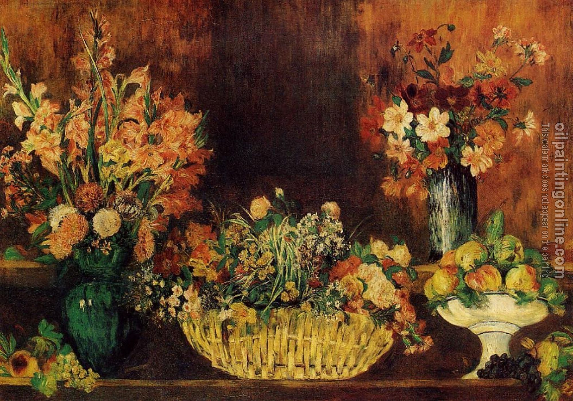 Renoir, Pierre Auguste - Vase, Basket of Flowers and Fruit